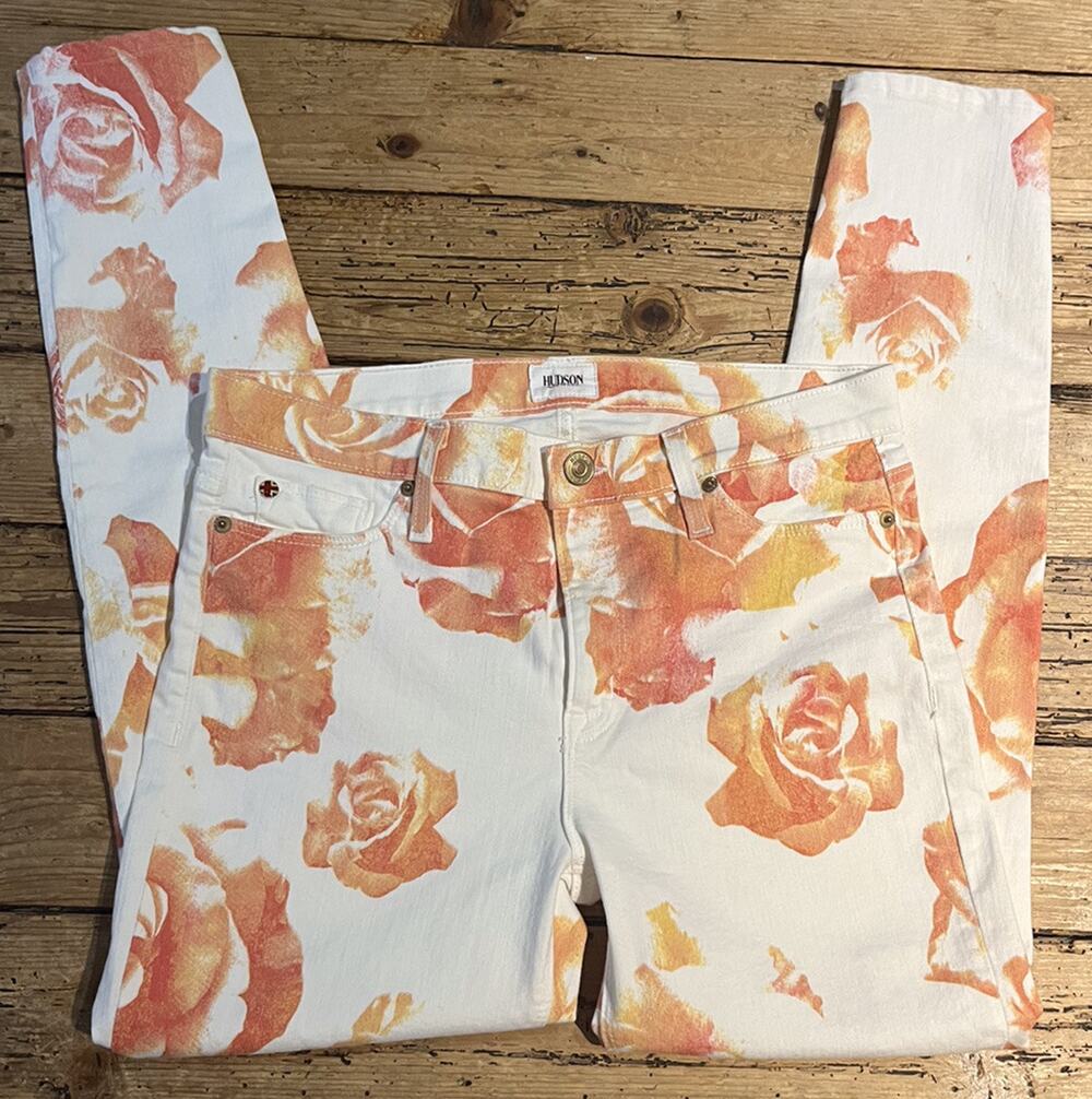 Hudson Womens Size 30 White Coral Roses Midrise NICO Super Skinny Jeans NWOT
